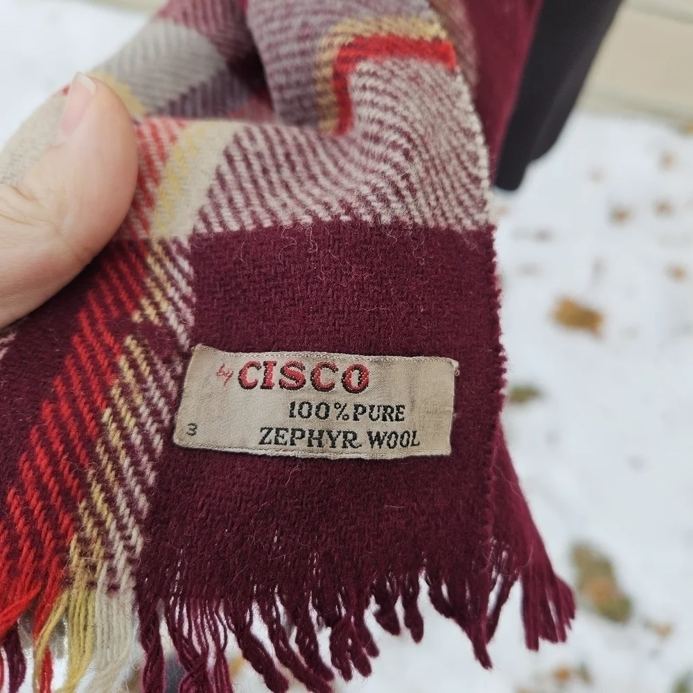 vintage Cisco 100% zephyr wool plaid scarf tan red maroon